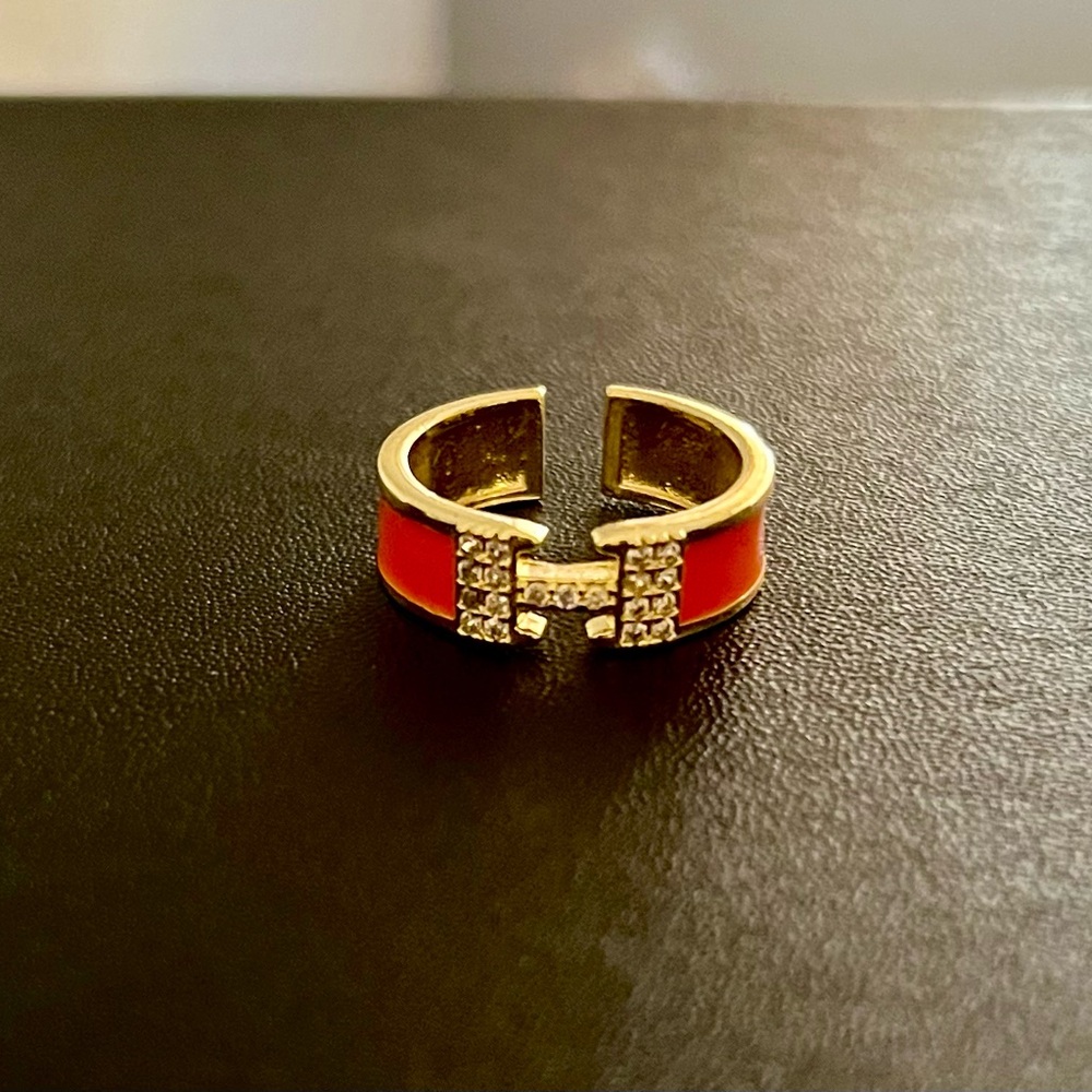 H Orange and Gold Plated Ring w/Rhinestones - Picture 2 of 4